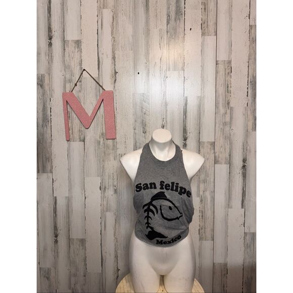 No Brand Tops - San Felipe Mexico Halter Top Medium Open Back Tie Graphic Crop Tank